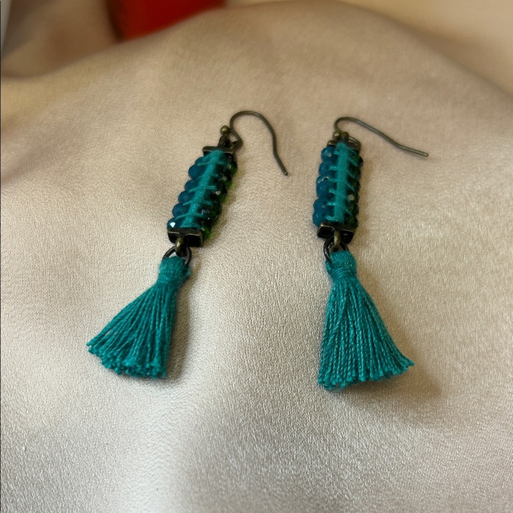 Teal Tassel Drop Earrings with Beaded Accent